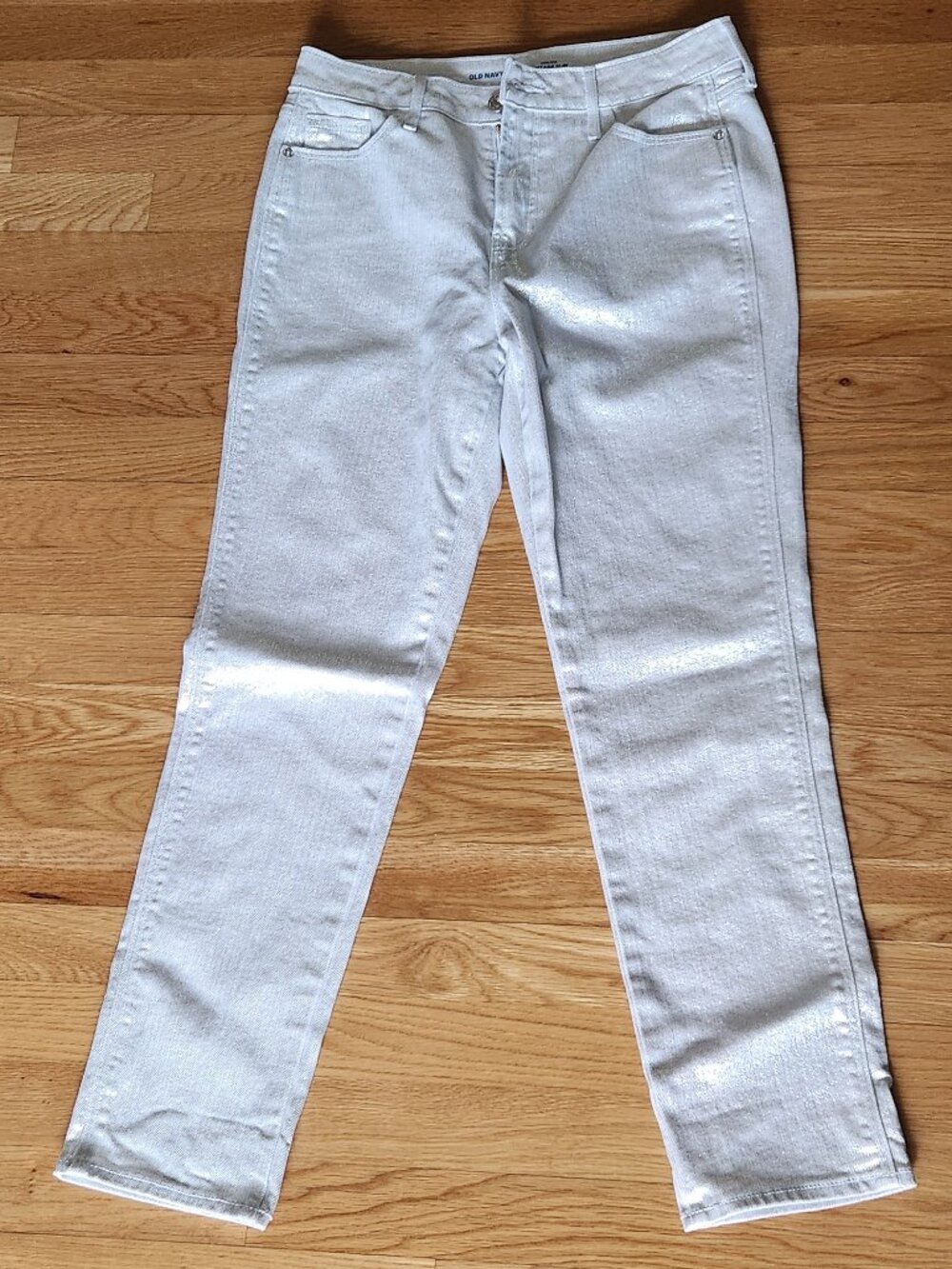 Old Navy High Rise Silver Shine Vintage Slim Metallic Jeans sz 4 White Denim